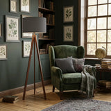 Wooden Tripod Floor Lamp Scandi Vintage Dusty Blue Gray Lamp Shade - retro floor lamps