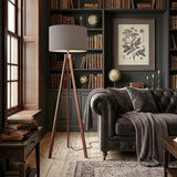 Wooden Tripod Floor Lamp Scandi Vintage Dusty Blue Gray Lamp Shade - retro floor lamps