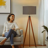 Wooden Tripod Floor Lamp Scandi Vintage Dusty Blue Gray Lamp Shade - retro floor lamps
