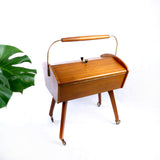 1960s wooden handled MIDCENTURY SEWING BOX cart with handle