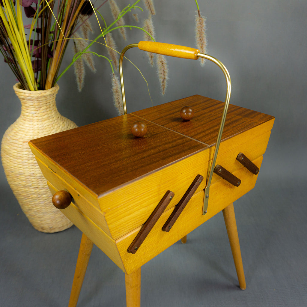 1960s wooden BICOLOR SEWING BOX on tapered legs, vintage folding