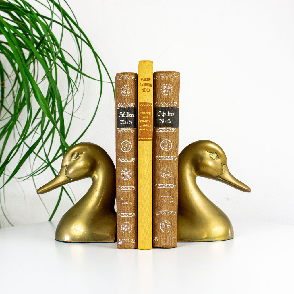 Brass Duck Head Bookends With Black Band Neck- a Pair