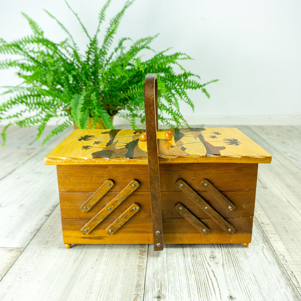 UNIQUE 1960s wooden SEWING BOX, lid with handmade inlays – VINTARAMA