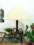 XXL 1970s RATTAN TABLE LAMP with natural fabric shade