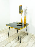 Square 1960s COFFEE TABLE, black GLASS Top and hairpin legs