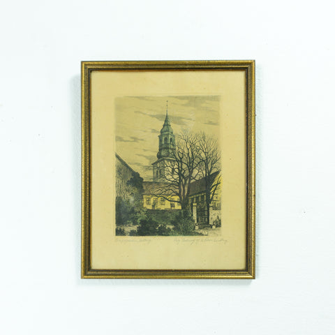 Framed VINTAGE INK DRAWING of Aalborg town hall by Swedish artist August Schouw-Lundberg, 1923