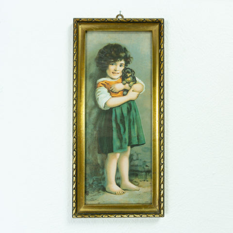 Lovely vintage GIRL WITH PUPPY framed art print behind glass