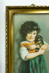Lovely vintage GIRL WITH PUPPY framed art print behind glass