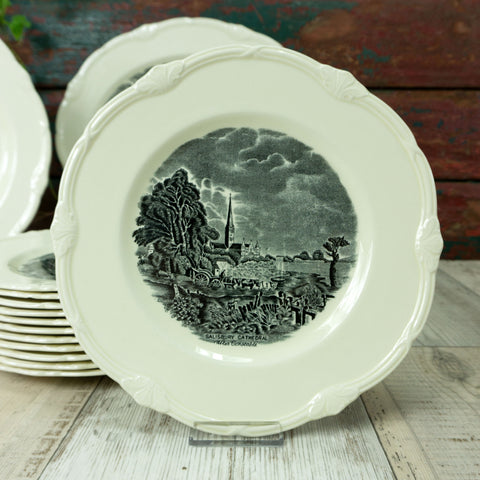Set of 12 Dinner Plates ENGLISH "Scenes after Constable" TABLEWARE in black, W.H. GRINDLEY