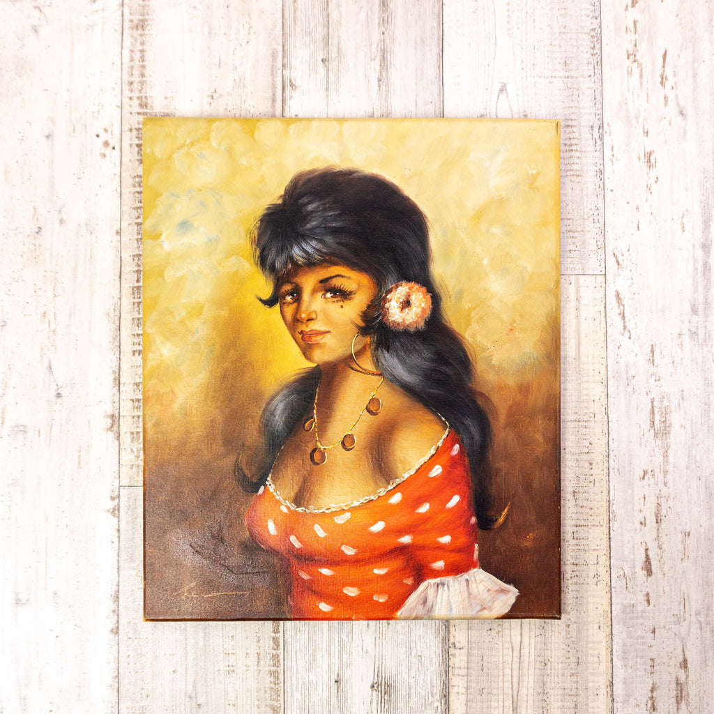 60s ORIGINAL OIL PAINTING portrait of a young gypsy woman in red dress – VINTARAMA 60s ORIGINAL OIL PAINTING portrait of a young gypsy woman in red dress – VINTARAMA