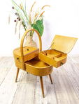 1960s Wooden midcentury SEWING BOX with handle on tapered legs