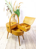 1960s Wooden midcentury SEWING BOX with handle on tapered legs