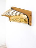 1960s Wooden WARDROBE HAT RACK with 5 golden double hooks