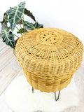 Versatile 1960s WICKER BASKET with lid and hairpin legs, sewing basket