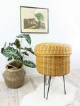 Versatile 1960s WICKER BASKET with lid and hairpin legs, sewing basket