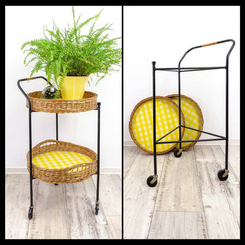 Cute 1970s bar cart TROLLEY with 2 removable WICKER TRAYS