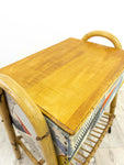 Rare 1950s BAMBOO SEWING BOX on casters, covered with Acella