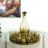 1970s smoked glass FRENCH LIQUER SET on glass tray, Carafe and 10 Shot Glasses