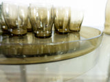1970s smoked glass FRENCH LIQUER SET on glass tray, Carafe and 10 Shot Glasses
