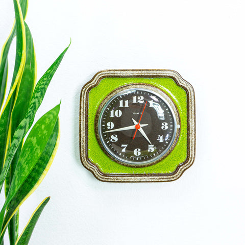 Lime green brown 1970s MIDCENTURY WALL CLOCK Westgermany