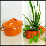 Orange French 1970s ENAMEL POT with lid by 'Le Creuset'