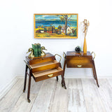 Stunning pair of 1960s flamed wood MIDCENTURY NIGHTSTANDS carts