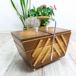 1960s flamed wood MIDCENTURY SEWING or Jewelry BOX, cantilever style