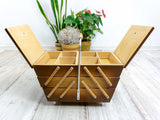 1960s flamed wood MIDCENTURY SEWING or Jewelry BOX, cantilever style