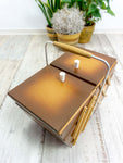 1960s flamed wood MIDCENTURY SEWING or Jewelry BOX, cantilever style