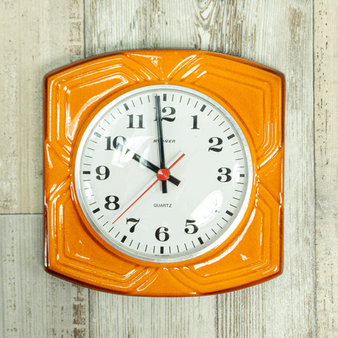 Orange 1970s ceramic relief WALL CLOCK by Staiger, Westgermany