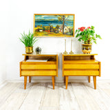 Stunning trapezoid 1960s wooden MIDCENTURY NIGHTSTANDS glass top