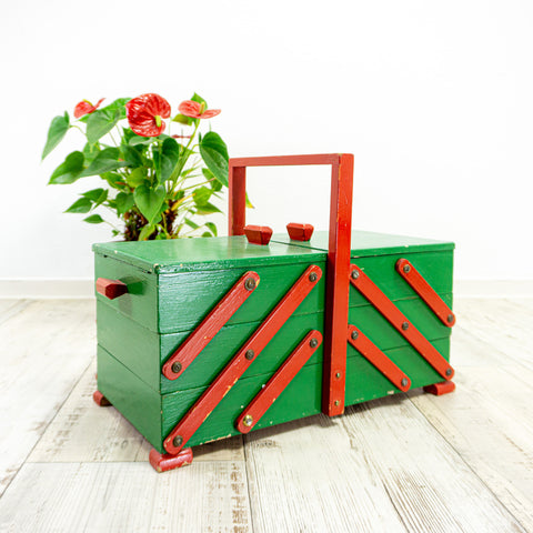 RED GREEN 60s midcentury wooden cantilever sewing or jewelry BOX