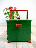 RED GREEN 60s midcentury wooden cantilever sewing or jewelry BOX