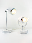 Pair of 1970s chromed WHITE oval EYE-BALL table lamps, one lamp height adjustable